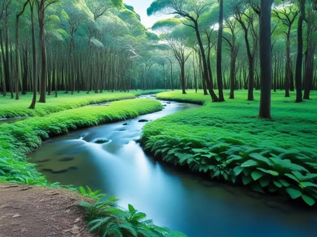 Un bosque exuberante en Uruguay con un arroyo, cielo azul y sol filtrándose entre las hojas