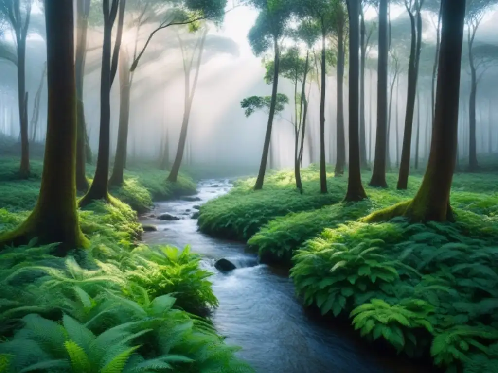 Un bosque exuberante con un arroyo serpenteante y luz filtrándose entre los árboles, transmitiendo armonía y conexión con la naturaleza en Uruguay