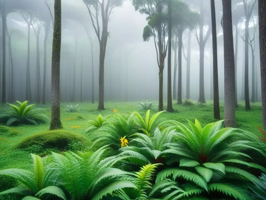 Un bosque exuberante en Uruguay, detallado y minimalista, resaltando la flora y fauna nativa