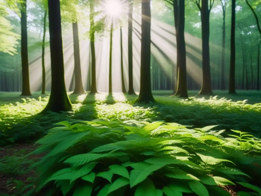 Un bosque exuberante iluminado por el sol, resaltando la importancia de la educación sostenible