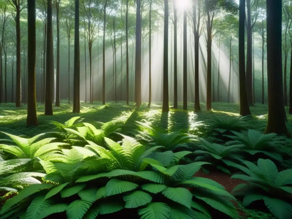 Un bosque exuberante en Uruguay con luz filtrándose entre el dosel, sombras y tranquilidad