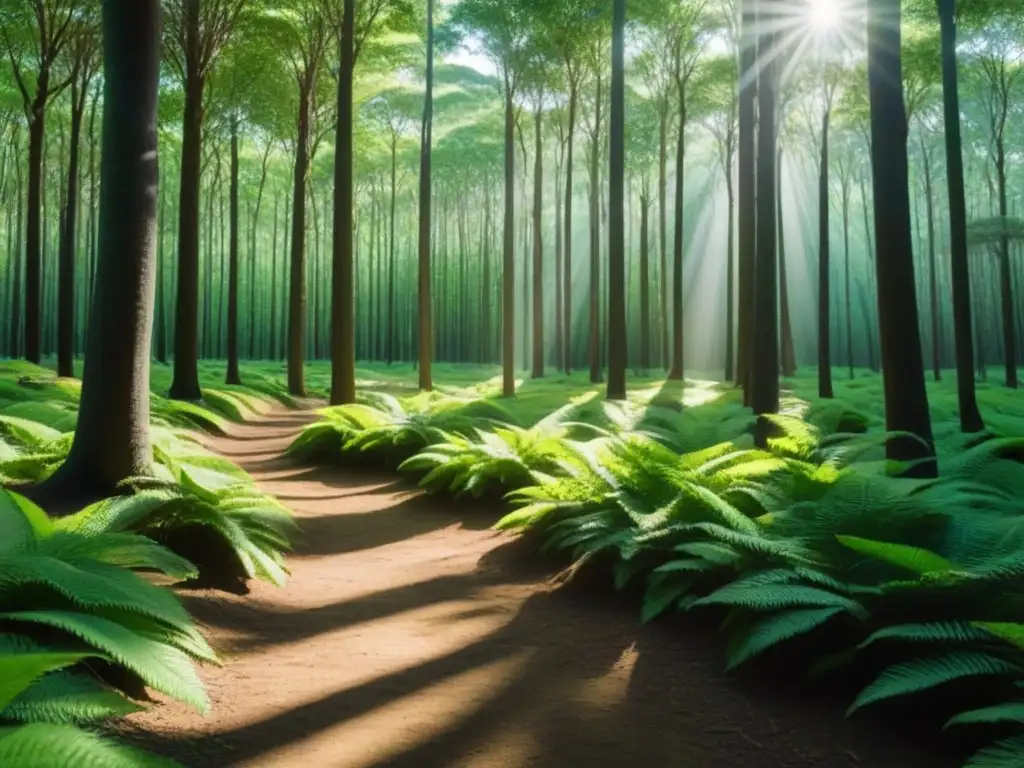 Un bosque exuberante en Uruguay con luz filtrada entre las hojas y sombras en el suelo