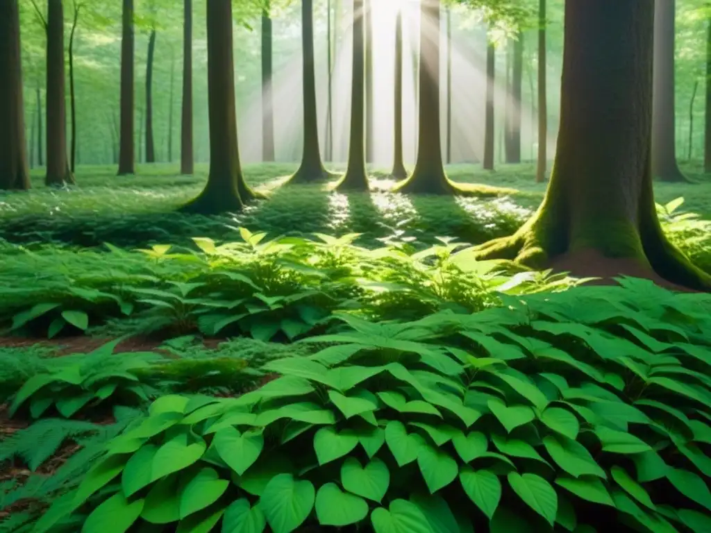 Bosque exuberante con luz filtrada entre hojas, sombras intricadas y armonía natural