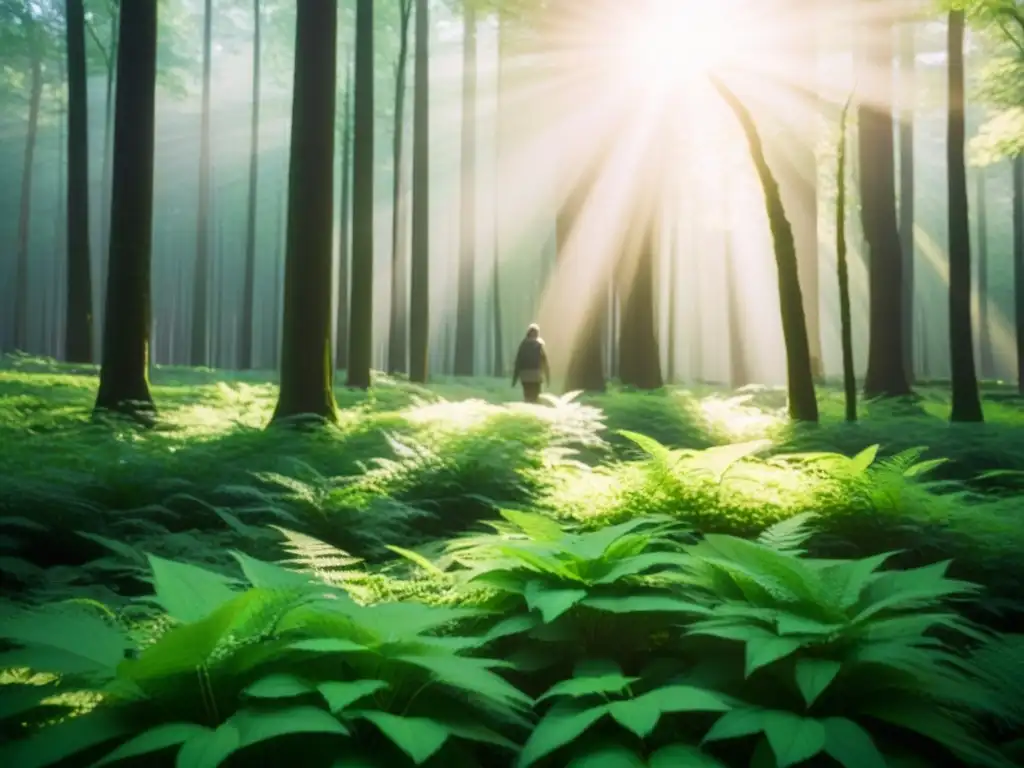 Un bosque exuberante con luz filtrándose entre las hojas, creando armonía