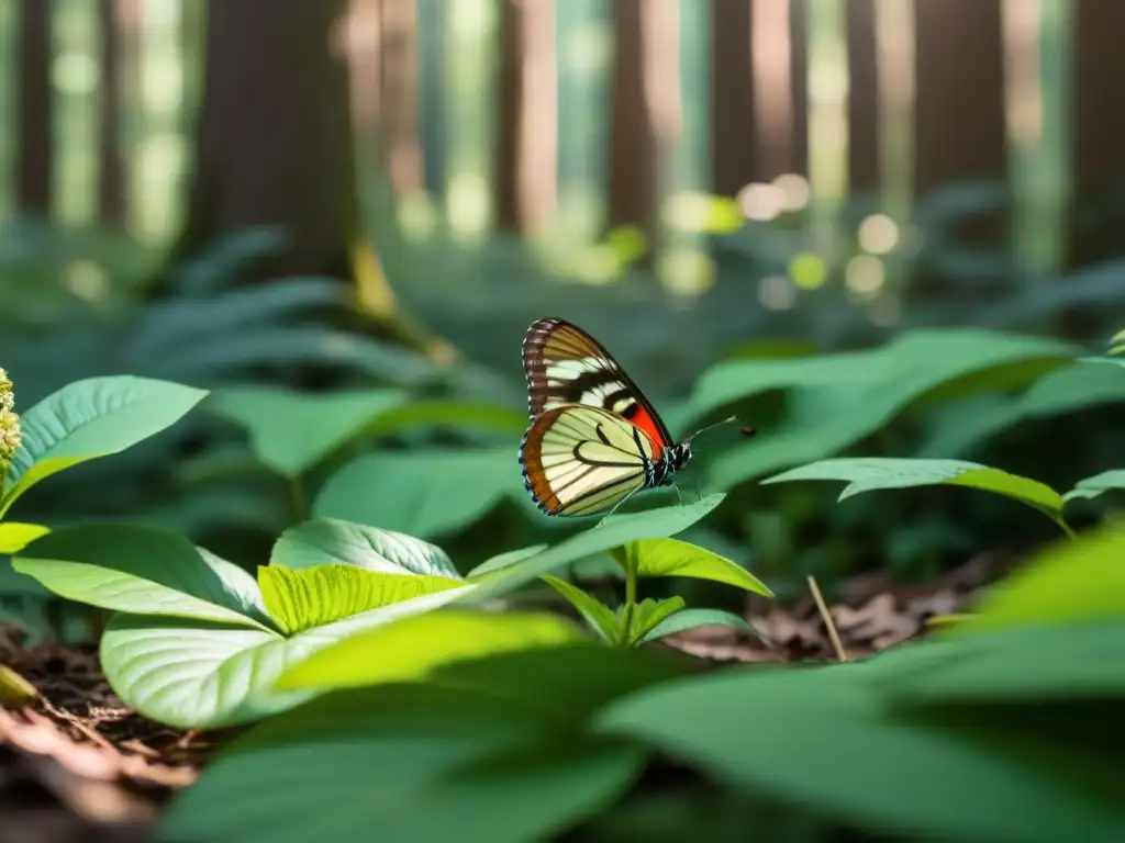 Un bosque exuberante con luz del sol filtrándose entre el dosel, mostrando una mariposa en una flor vibrante