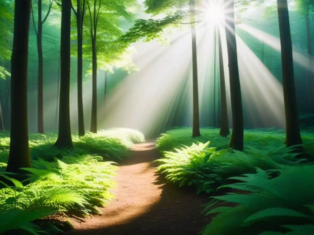 Armonía verde: bosque sereno y luminoso Un bosque exuberante en Uruguay, con luz solar filtrándose entre las hojas y creando sombras suaves en el suelo