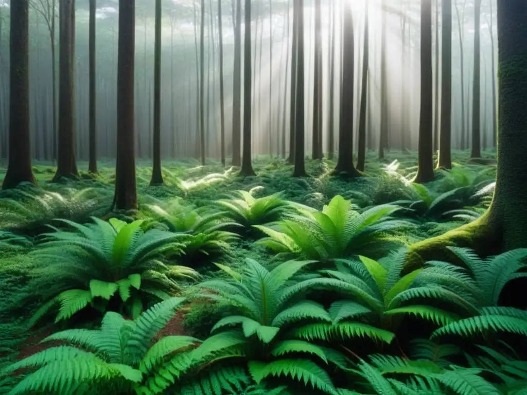 Un bosque exuberante en Uruguay, con luz filtrándose a través de la densa vegetación