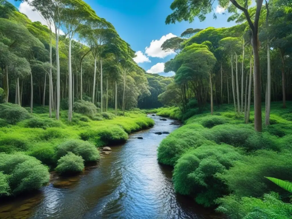 Un bosque exuberante en Uruguay: árboles nativos, arroyo tranquilo y cielo azul