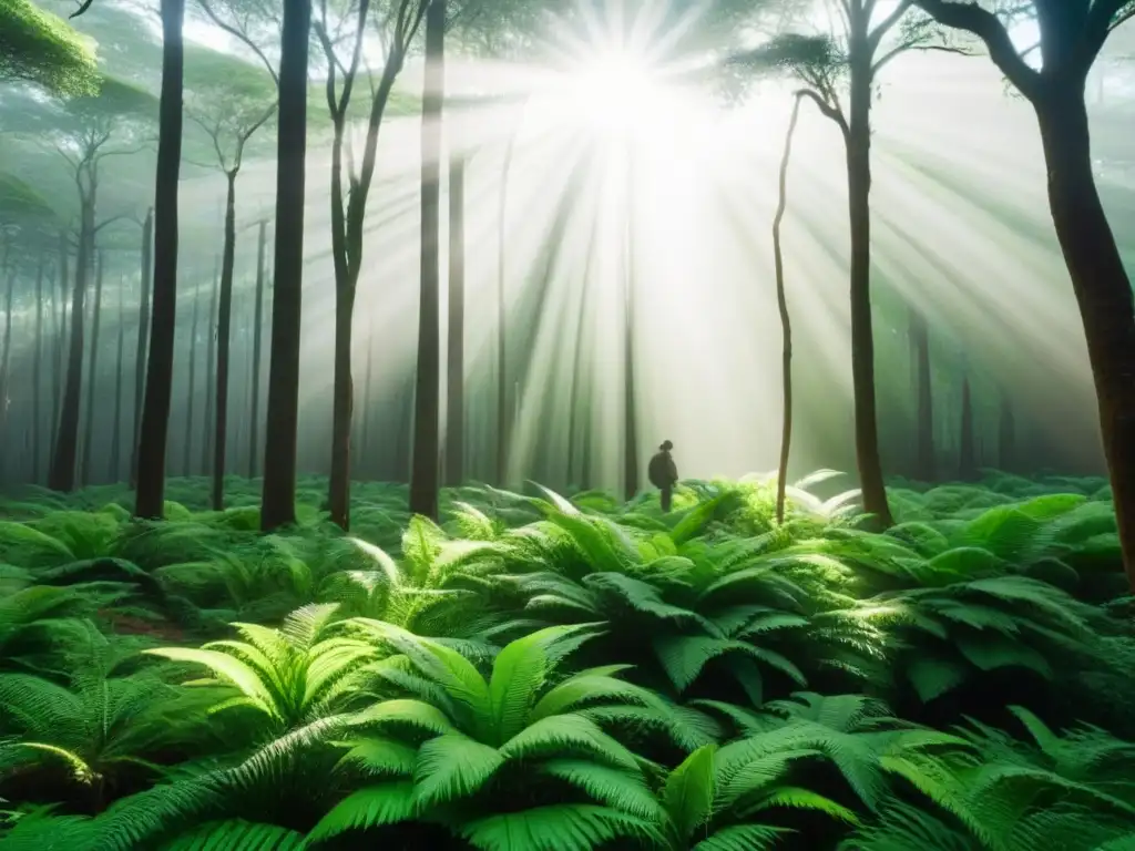 Un bosque exuberante en Uruguay con rayos de sol filtrándose a través de la densa vegetación, creando un ambiente natural armonioso y sereno