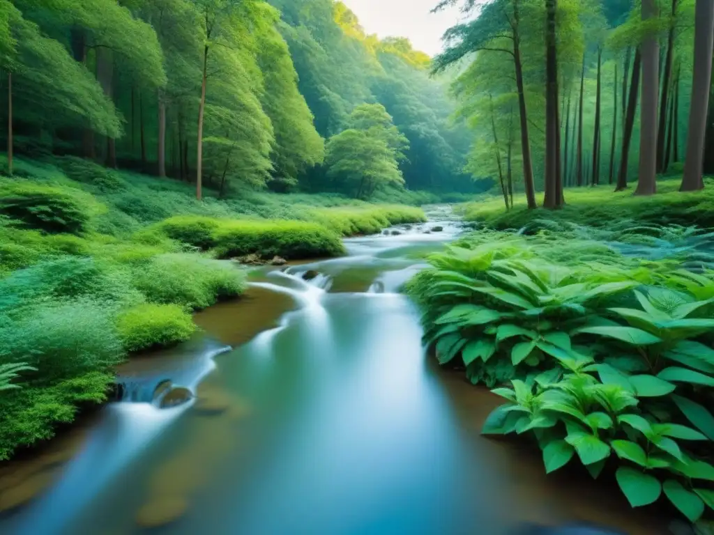 Un bosque exuberante y sereno con un arroyo, reflejando la armonía y sostenibilidad en la educación en Uruguay