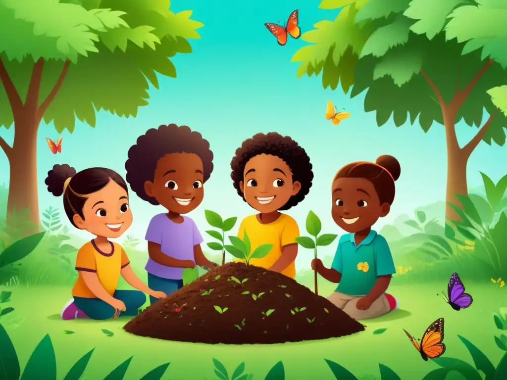 Un bosque de niños de diversas etnias y habilidades plantando árboles juntos, promoviendo la educación inclusiva y prácticas ecológicas en Uruguay