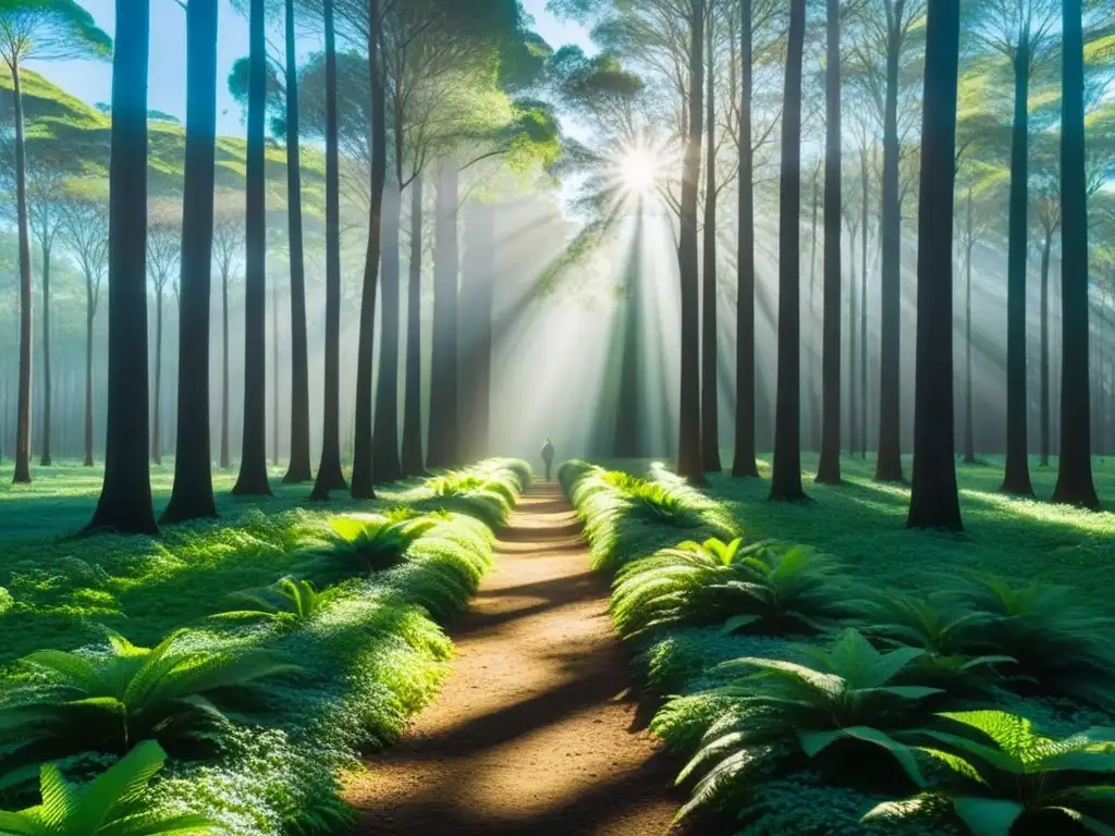 Bosque verde en Uruguay con cielo azul, luz solar filtrándose entre las hojas