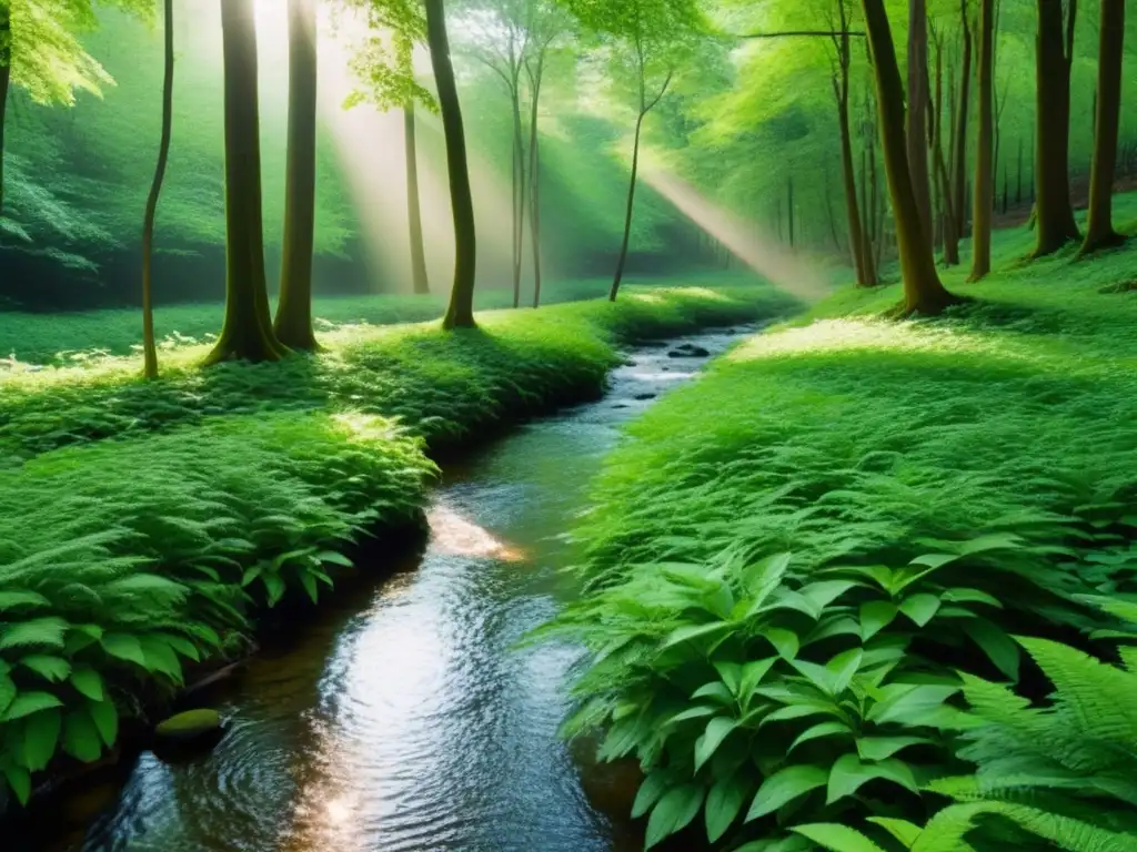 Un bosque verde exuberante con un arroyo sereno y luz solar filtrándose entre las hojas, mostrando la armonía y tranquilidad de un entorno sostenible