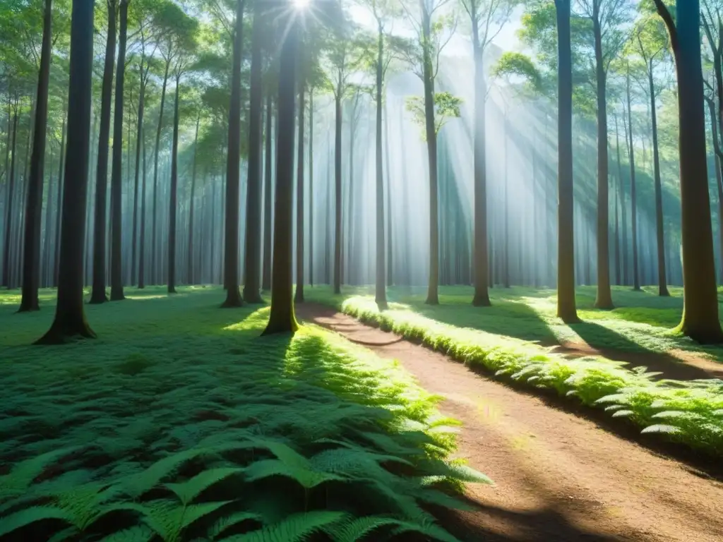 Un bosque verde exuberante bajo un cielo azul claro, reflejando tranquilidad y armonía con la naturaleza, ideal para educación ambiental en Uruguay