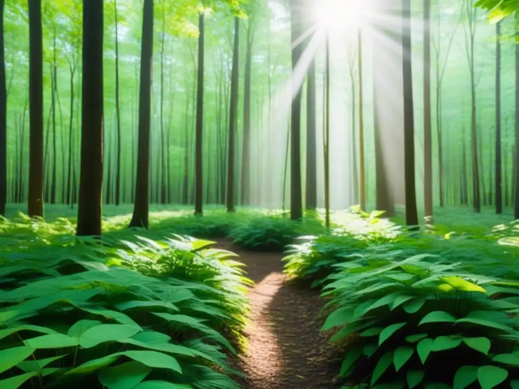 Un bosque verde exuberante iluminado por el sol, transmitiendo armonía y educación ambiental en Uruguay