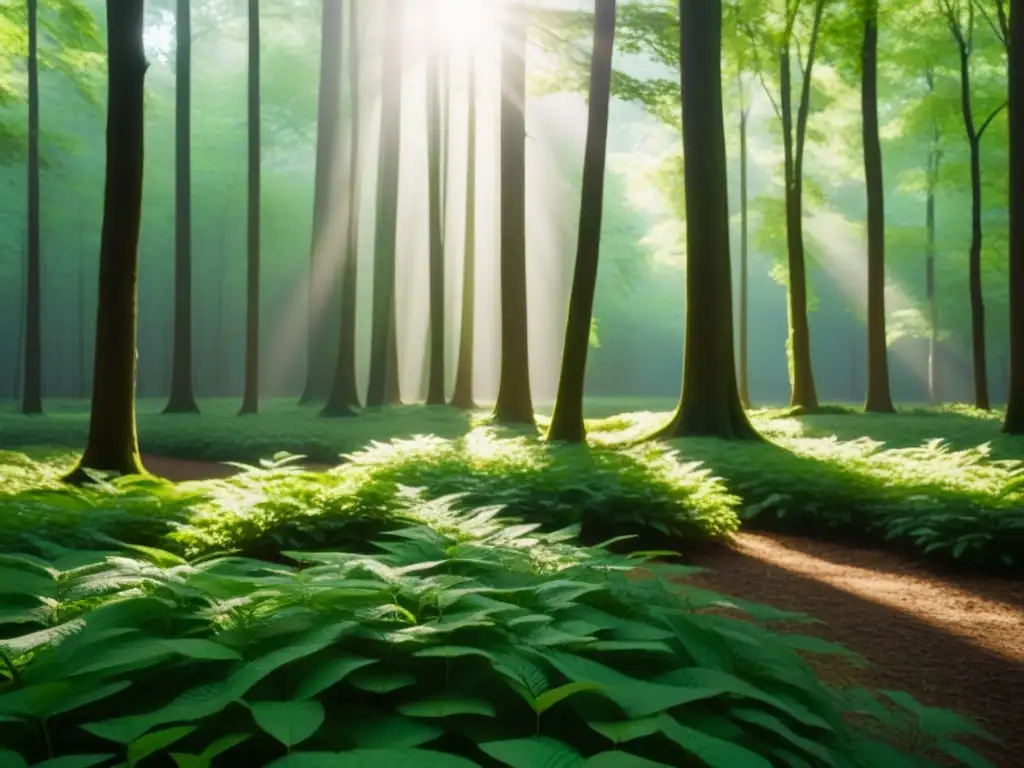 Un bosque verde exuberante iluminado por el sol, proyectando sombras en el suelo