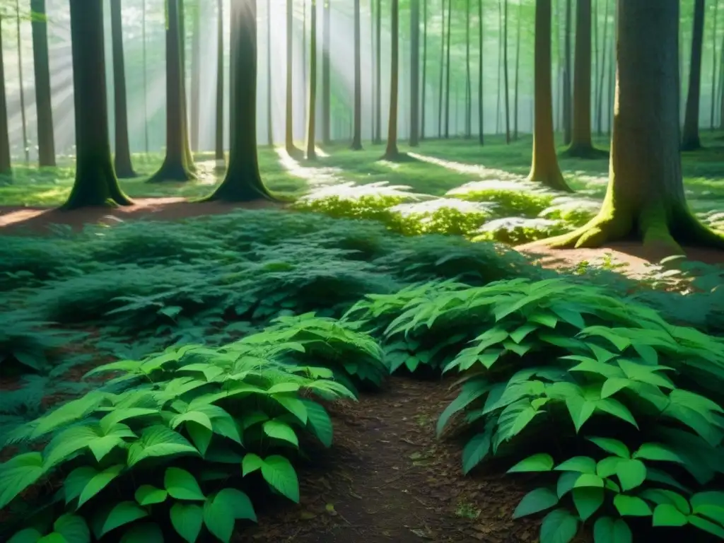 Un bosque verde exuberante con luz solar filtrándose entre las hojas, creando sombras en el suelo del bosque