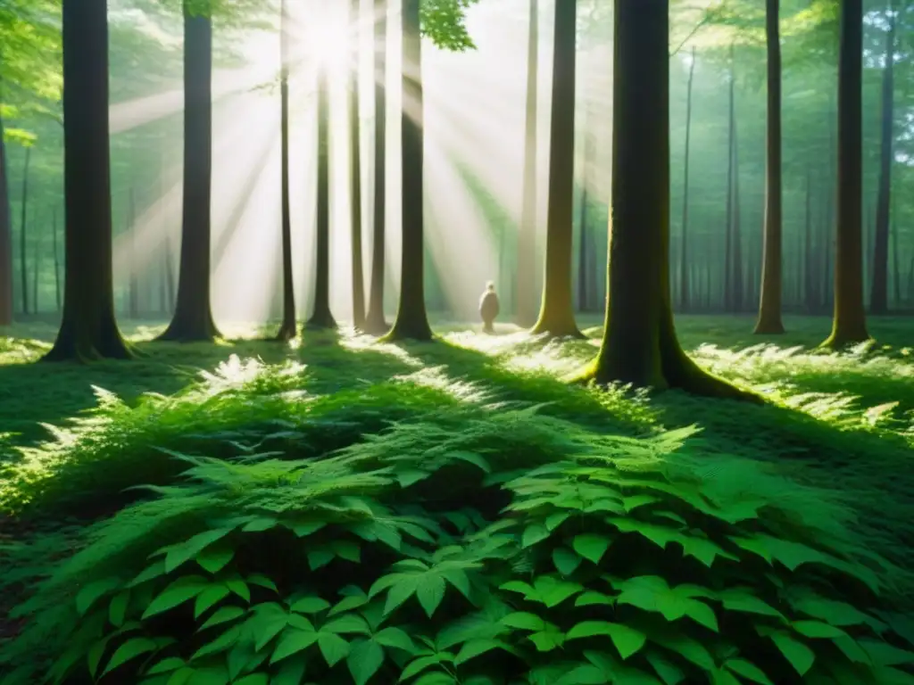 Un bosque verde exuberante con luz solar filtrándose entre las hojas, proyectando sombras moteadas en el suelo del bosque