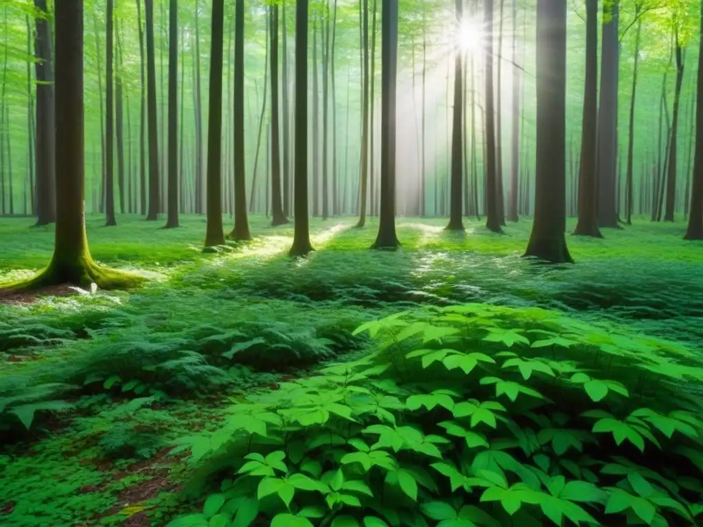 Un bosque verde exuberante con luz solar filtrándose entre las hojas, creando sombras suaves en el suelo