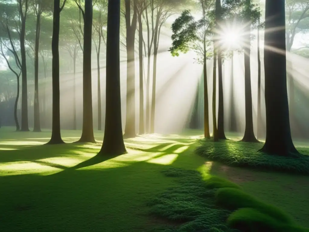 Un bosque verde exuberante en Uruguay con luz solar filtrándose entre los árboles, proyectando sombras moteadas en el suelo