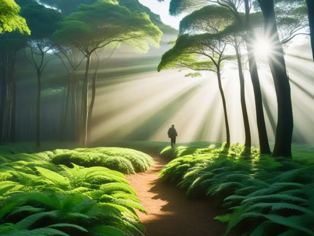Selva exuberante en Uruguay: armonía y tranquilidad Un bosque verde exuberante en Uruguay, con luz filtrándose entre el dosel, proyectando sombras suaves