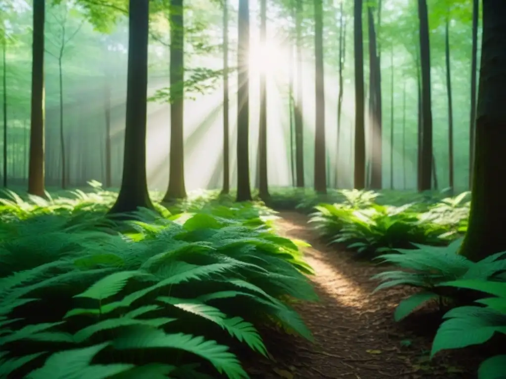 Bosque verde: serenidad y conservación Un bosque verde exuberante con luz solar filtrándose entre las hojas, proyectando sombras moteadas en el suelo del bosque