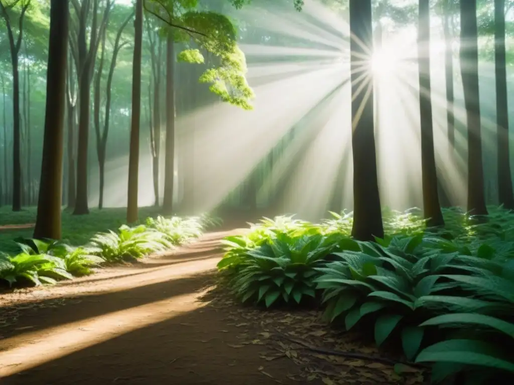 Bosque verde exuberante con luz solar filtrándose entre las hojas, creando sombras en el suelo del bosque