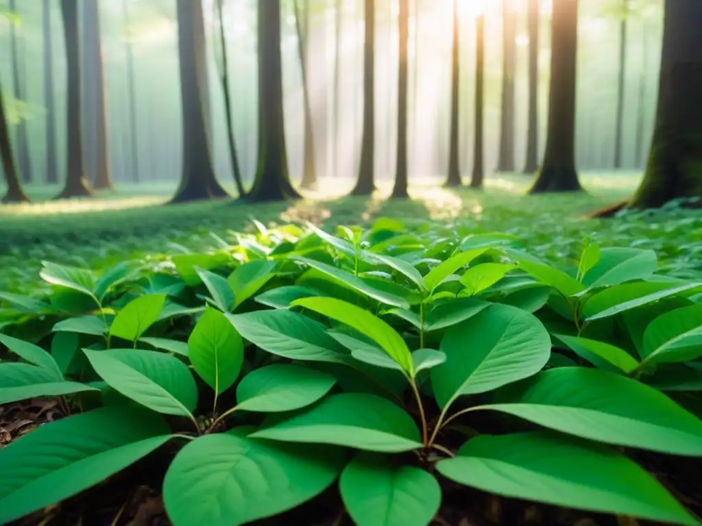 Bosque verde exuberante con luz filtrada entre las hojas