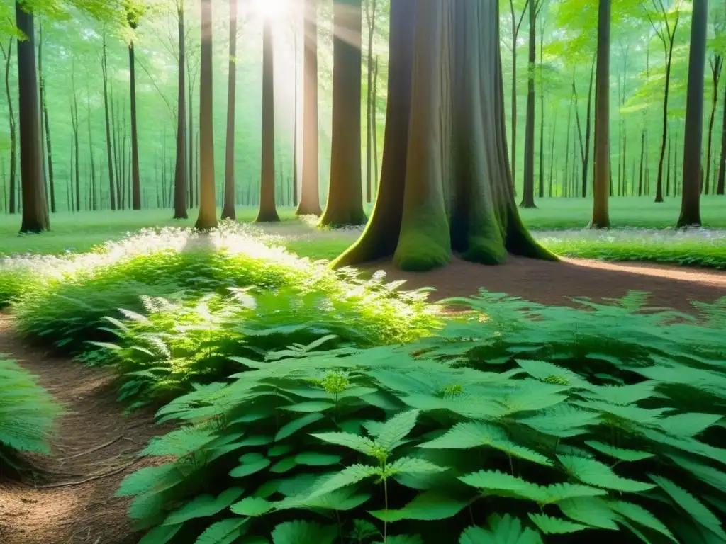 Un bosque verde exuberante con rayos de sol filtrándose entre las hojas, creando sombras moteadas en el suelo