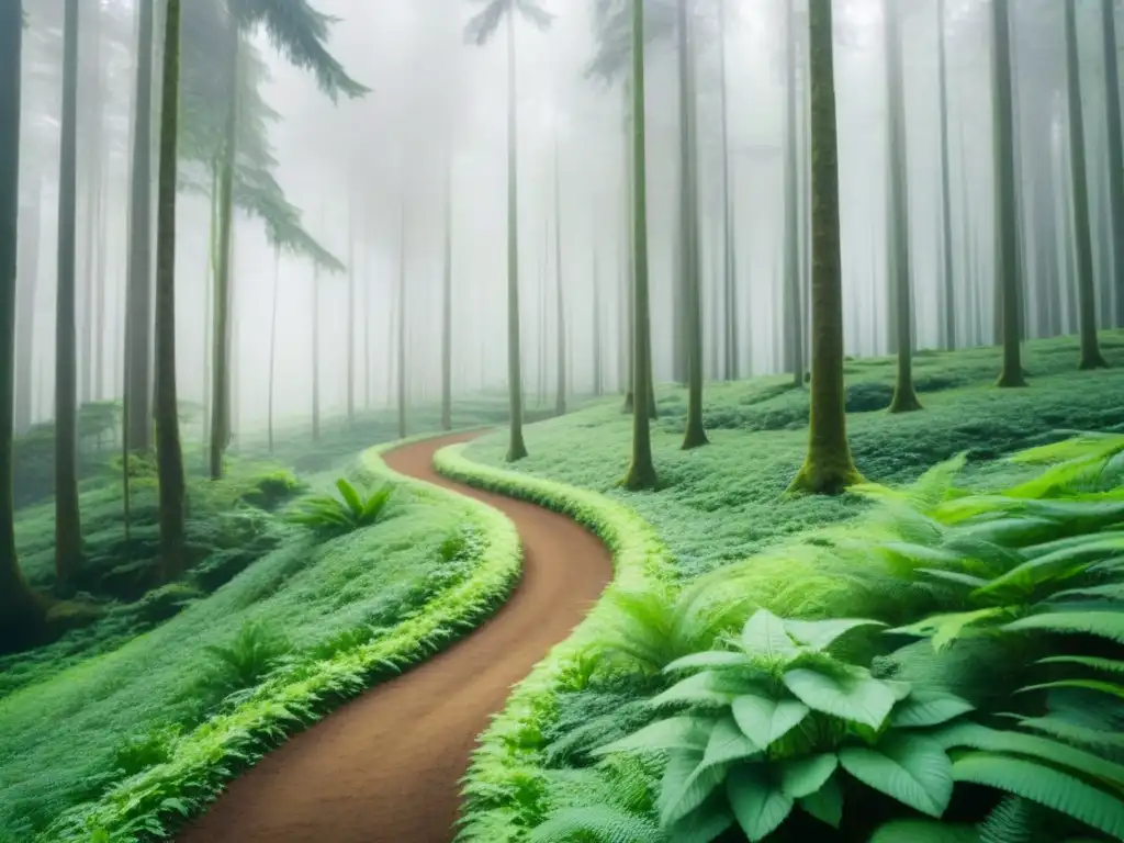 Un bosque verde exuberante con un sendero serpenteante, simbolizando estrategias globales educación Uruguay