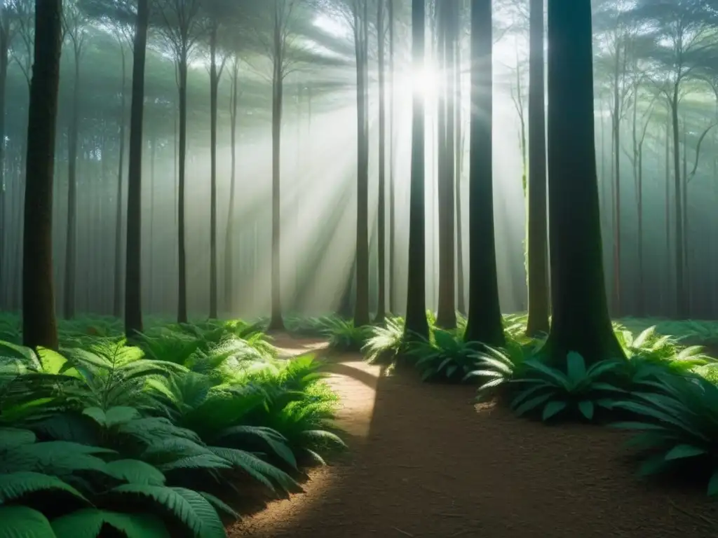 Bosque verde en Uruguay: luz filtrada entre árboles, sombras suaves en el suelo