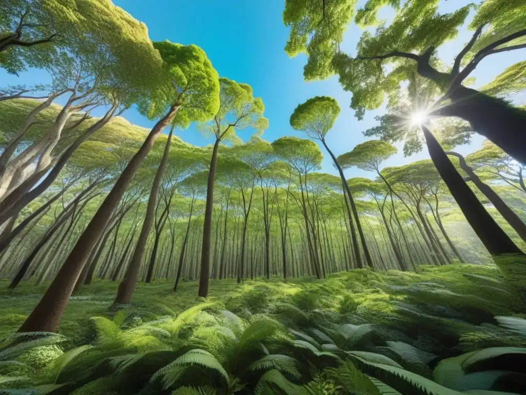 Un bosque virtual exuberante en Uruguay con flora y fauna nativa, bajo un cielo azul