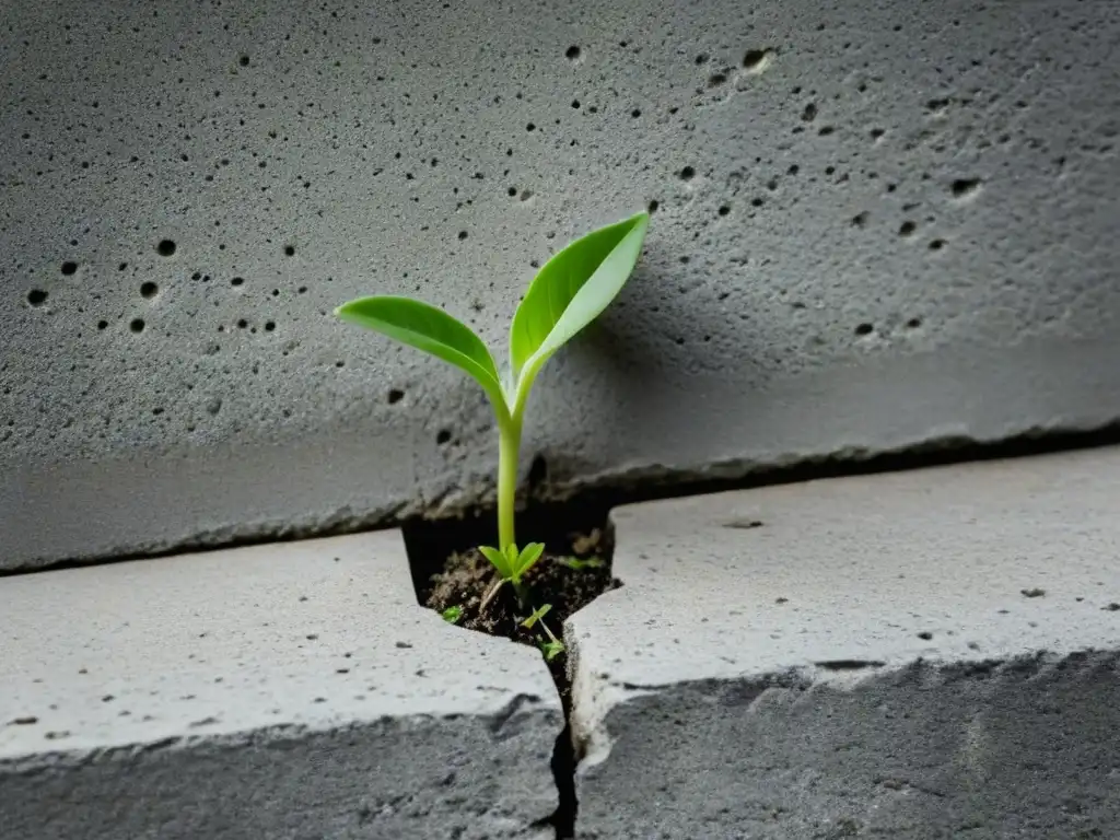 Un brote verde y resistente crece en grieta de concreto, simbolizando resiliencia en el éxito académico