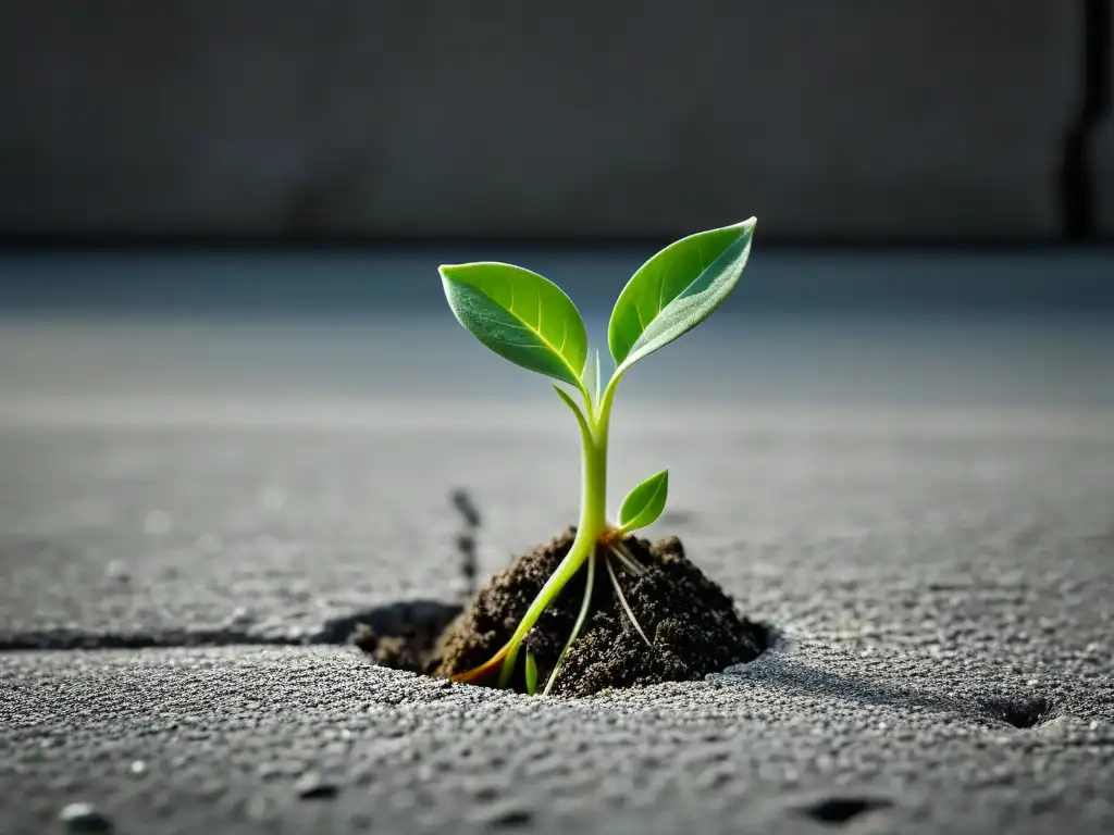 Un brote verde vibrante emerge de una grieta en el concreto, simbolizando crecimiento y resiliencia