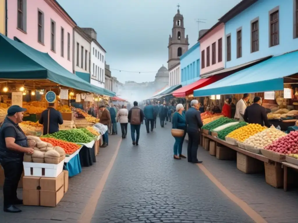 Un bullicioso mercado en Uruguay, reflejando la diversidad y vitalidad económica gracias a la educación bilingüe y el mercado global