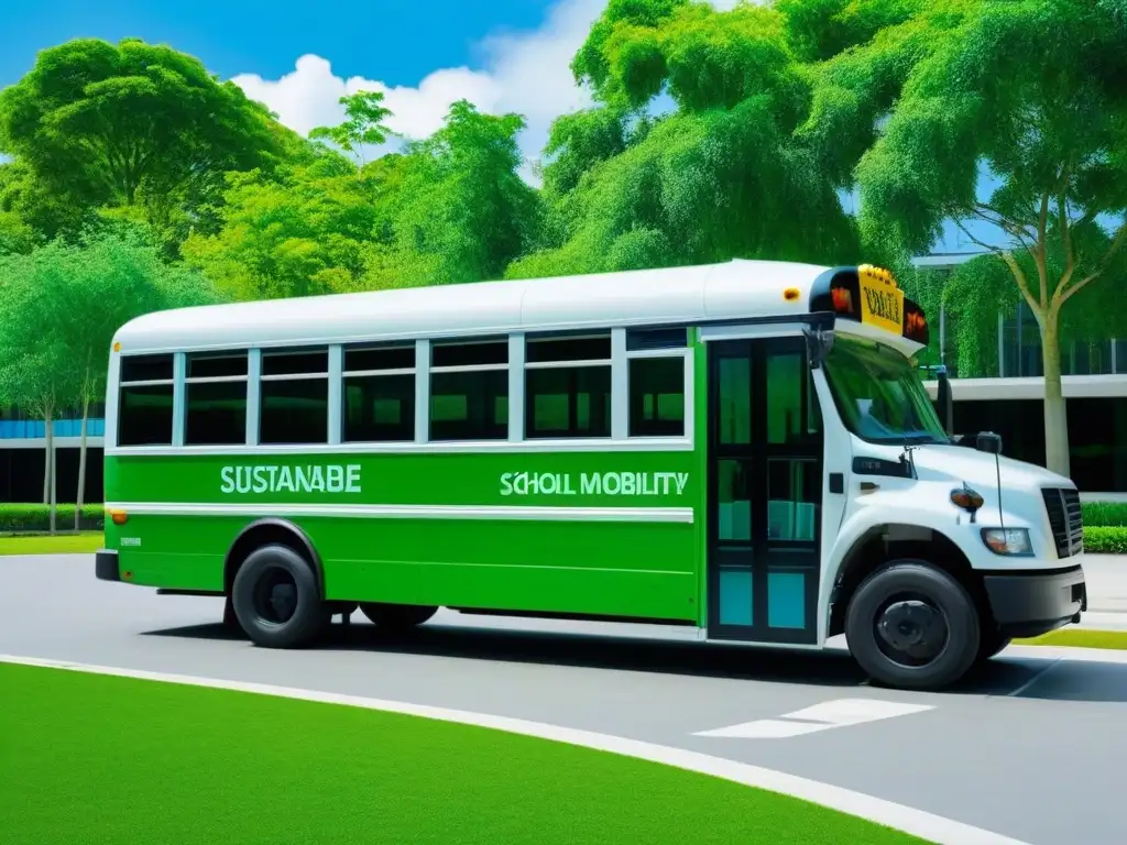 Bus escolar eléctrico frente a escuela, rodeado de vegetación y cielo azul