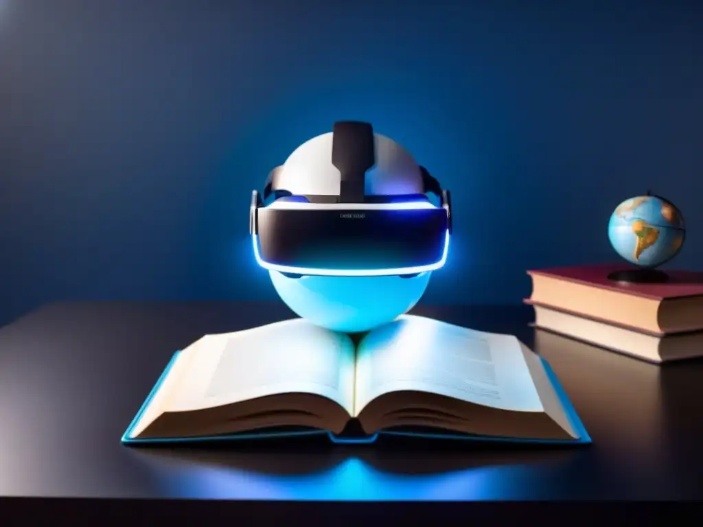 Una cabeza virtual futurista e intrincada, iluminando libros y un globo terráqueo en una habitación oscura