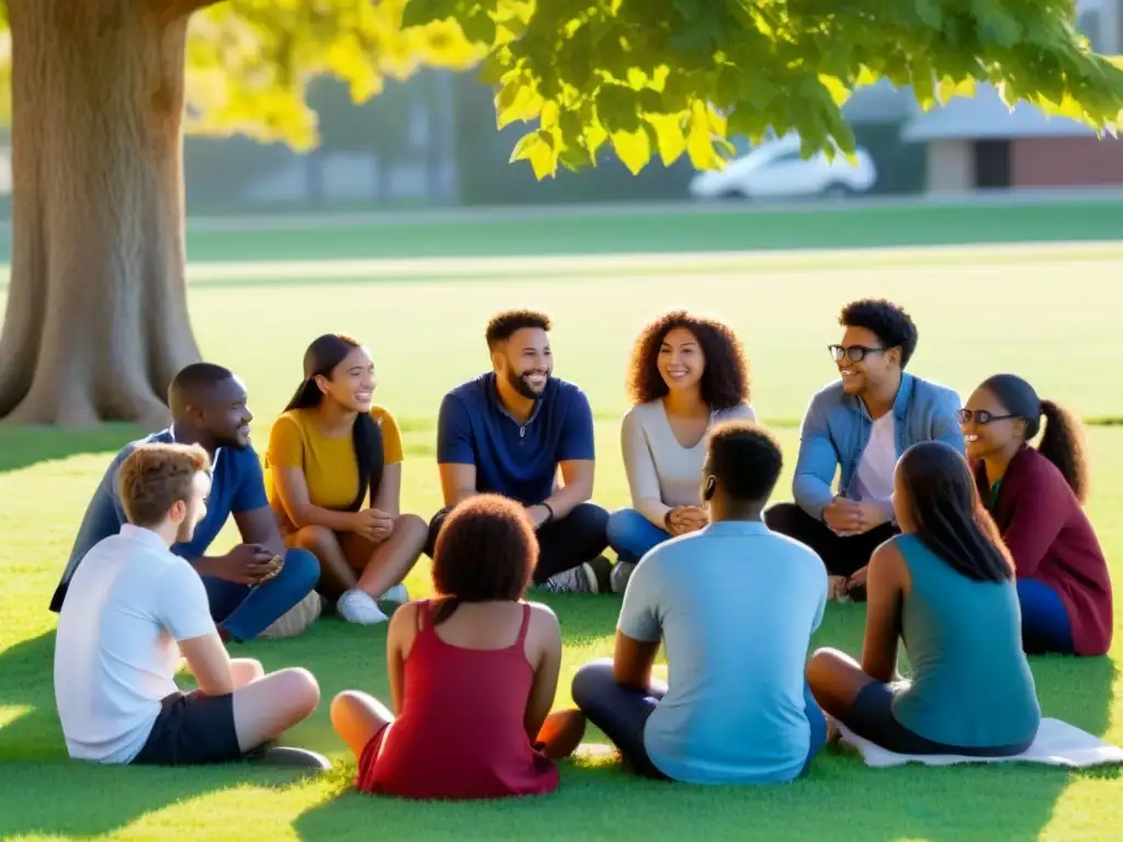 Un cálido atardecer envuelve a un grupo diverso de estudiantes debatiendo bajo un árbol en un campo, transmitiendo la unión y el poder de la educación