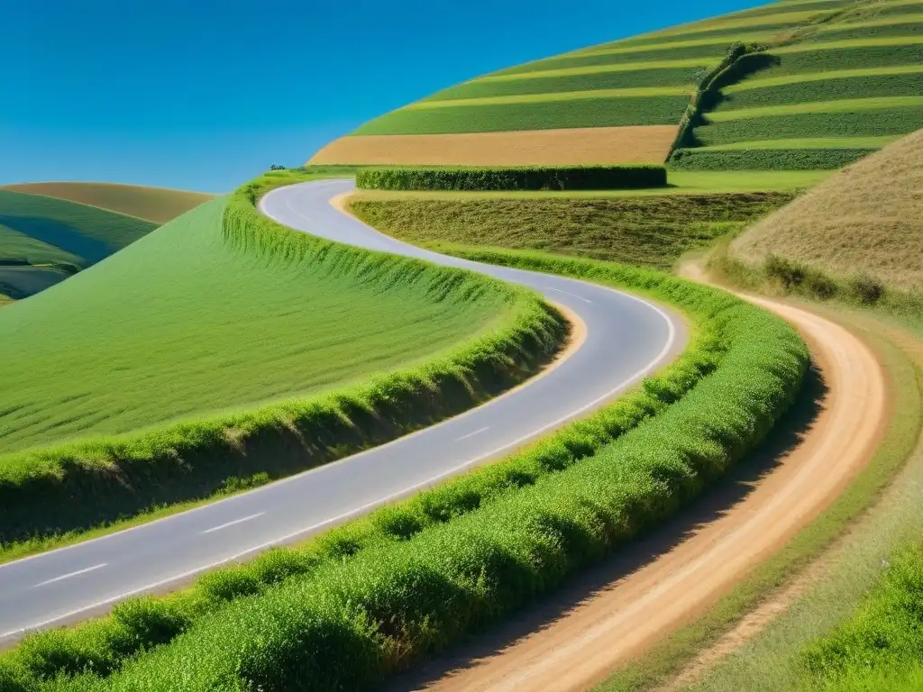 Un camino serpenteante corta verdes colinas bajo cielo azul, símbolo de acceso educación superior Uruguay geografía