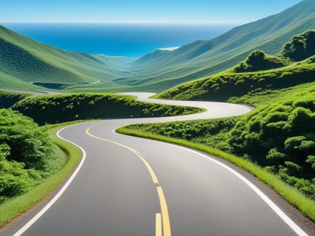 Un camino serpenteante hacia el horizonte, rodeado de vegetación exuberante y cielo azul claro