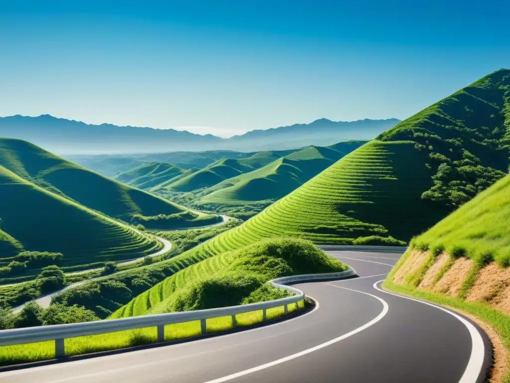 Un camino serpenteante en medio de verdes montañas, bajo un cielo azul, con un horizonte urbano a lo lejos