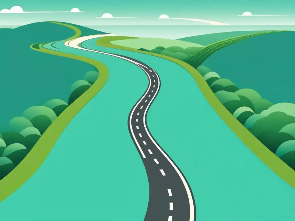 Un camino serpenteante hacia la prosperidad financiera para startups educativas en Uruguay, rodeado de naturaleza exuberante y elementos financieros
