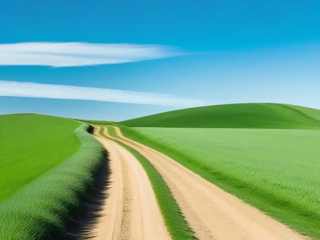 Camino verde en Uruguay: paz y oportunidad en carreras sostenibles Un camino de tierra serpenteando entre verdes colinas en Uruguay, simbolizando el camino hacia carreras verdes en Uruguay