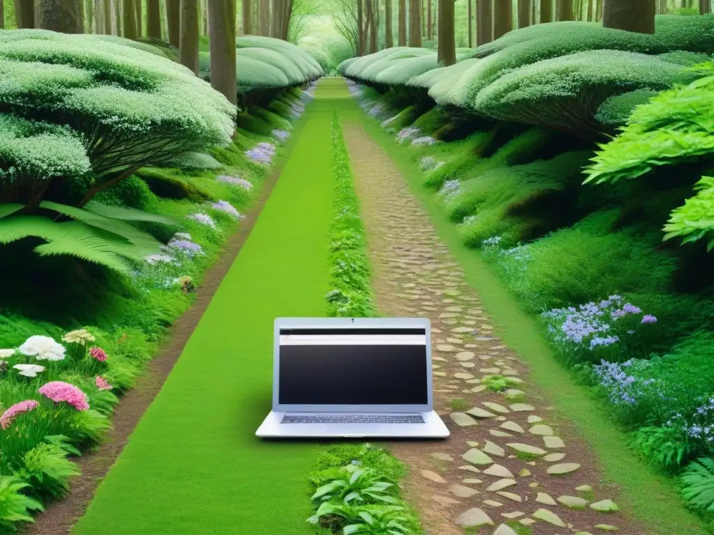 Dos caminos divergentes en un bosque verde, uno con una laptop brillante y el otro con aula tradicional