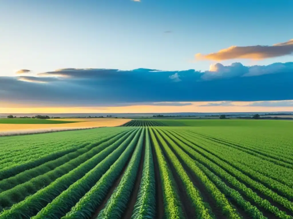 Un campo agrícola en Uruguay con certificaciones en Agricultura, bañado por el sol al atardecer