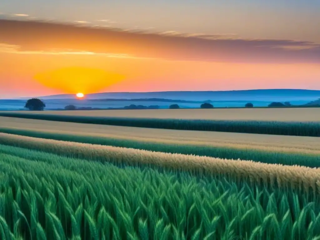 Campo dorado al amanecer en Uruguay, con casa rural iluminada, simbolizando la educación en campo Uruguay