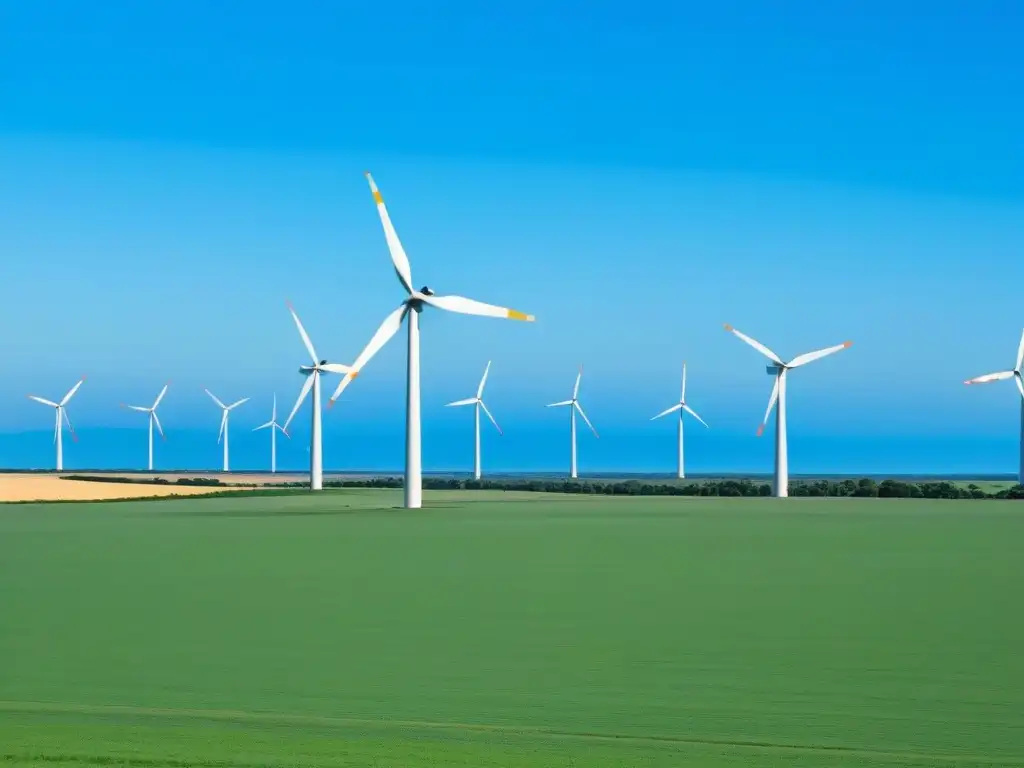 Campo eólico en Uruguay certificaciones: paisaje sereno con molinos de viento modernos bajo cielo azul