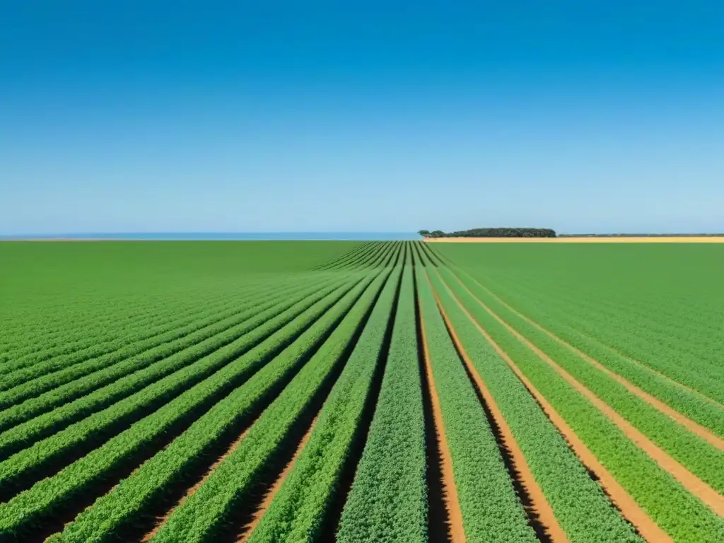 Un campo verde de Uruguay bajo un cielo azul, con cultivos en fila