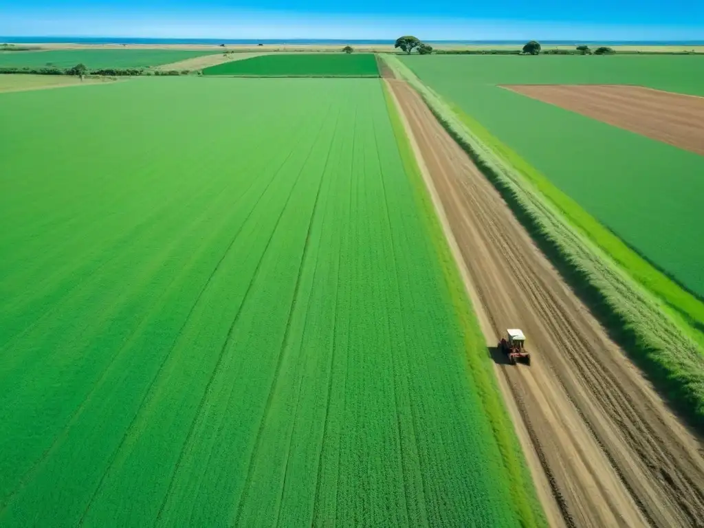 La educación agrícola en Uruguay: un campo verde extenso bajo un cielo azul, con un agricultor solitario cultivando la tierra con un arado de madera