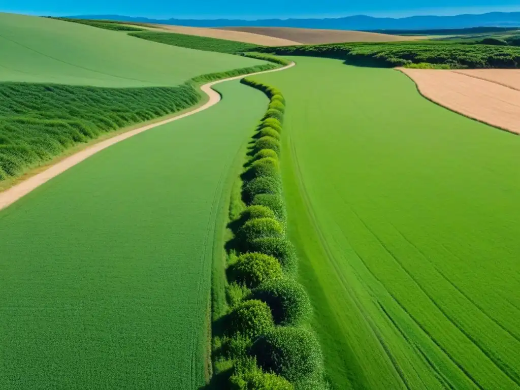Camino sereno en campo verde en Uruguay Un campo verde exuberante en Uruguay con un cielo azul claro y un sendero serpenteante, ideal para representar las carreras verdes en Uruguay